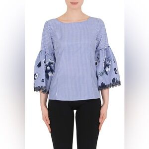 Joseph Ribkoff Embroidered Lace 3/4 Length Bell Sleeves Top Pin Stripe sz 12